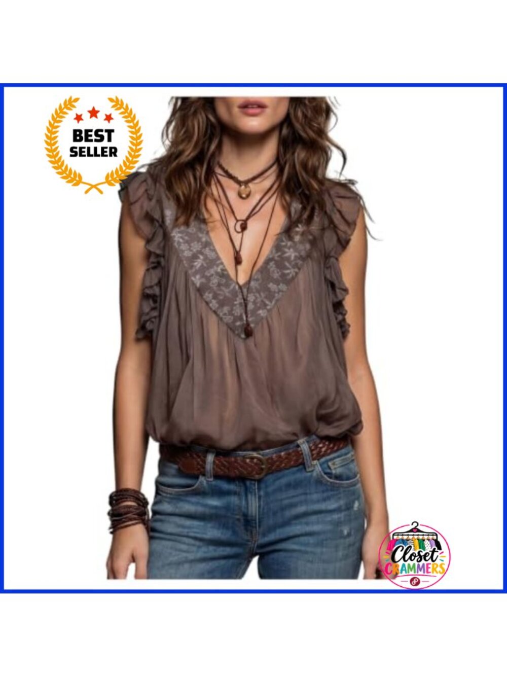 Boho Floral Ruffle Trim Sheer Sleeveless Tank Top Blouse